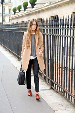 Ankle pants winter outfit, Winter clothing: winter outfits,  shirts,  Capri pants,  Oxford shoe,  Polo coat,  Girl Shoe Trends  