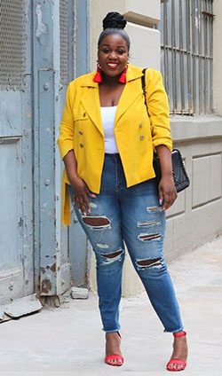 Mustard Jacket Ideas For Black Girls: Plus size outfit  