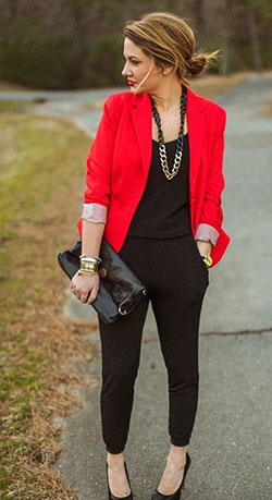 Red blazer black polka dot blouse black ankle pants leopard heels   Professional outfits Fashion Work fashion