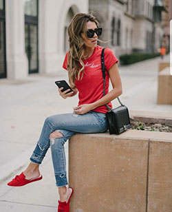 Fashion blog, Casual wear, denim and t-shirt: Jean jacket,  fashion blogger,  Red Shoes Outfits,  Printed T-Shirt  