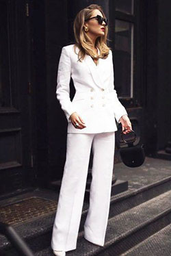 White linen suit for women, Polo neck: Polo neck,  Power Suit,  Linen Trousers  