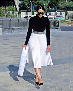 Kim k pleated skirt, Polka dot: Church Outfit,  Pleated Skirt  