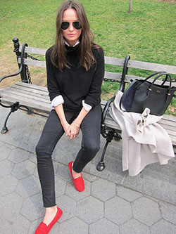 Beautiful red loafer outfit for girls: Slip-On Shoe,  Ballet flat,  Red Shoes Outfits,  RED LOAFERS  