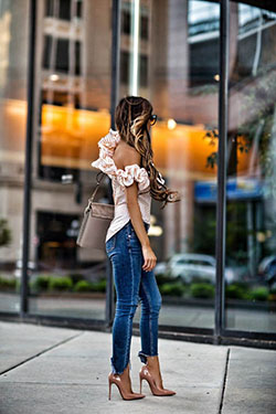 One shoulder top and jeans outfit: fashion blogger,  Strapless dress,  Outfits With Heels  