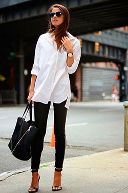 White dress shirt women outfit: shirts,  Black Leggings  