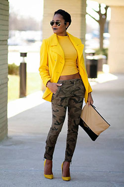 Camo and mustard yellow, Yellow Jeans: Camo Pants,  Yellow Jeans,  yellow top  