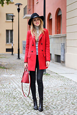 Red coat fall outfit, Red coat: Slim-Fit Pants,  Trench coat,  Red coat  