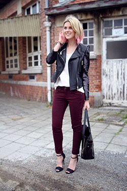 Burgundy pants outfit ideas, Leather jacket: Leather jacket,  Punk Style,  Burgundy Pants,  Black Leather Jacket  
