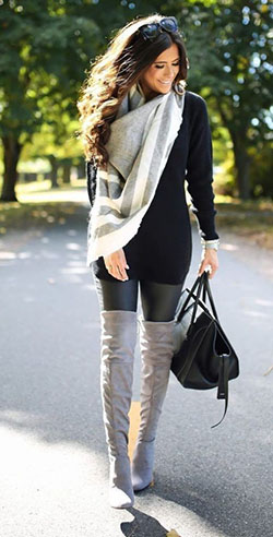 Leather leggings with boots, Over-the-knee boot: Over-The-Knee Boot,  Boot Outfits,  Artificial leather,  Preppy Look,  Leather Leggings  