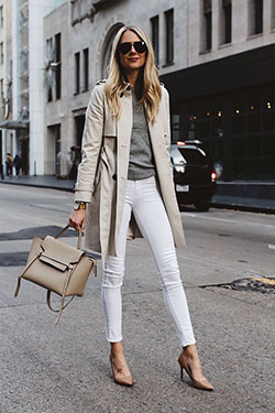 White jeans trench coat look: Slim-Fit Pants,  Jeans Fashion,  Trench coat,  Club Monaco  