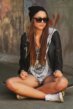 Jacket and shorts girl skateboarding: Leather jacket,  Punk Style  