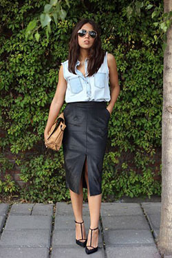 Black pencil skirt with denim shirt: High-Heeled Shoe,  Pencil skirt,  Leather skirt  