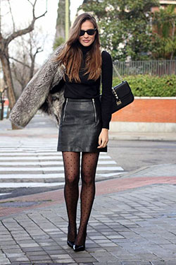 Leather skirt and tights outfit: Leather skirt,  Leather clothing,  Outfit With Stocking  
