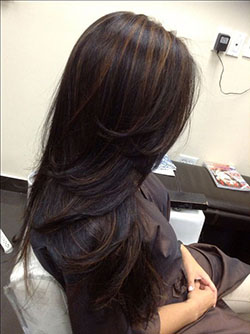 Highlights on black hair: Long hair,  Hair Color Ideas,  Hairstyle Ideas,  Layered hair,  Hair highlighting  