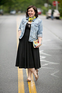 Black fit and flare dress with denim jacket: Plus size outfit,  Jean jacket  
