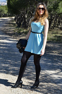 Light blue dress black pantyhose: High-Heeled Shoe,  Baby blue,  Outfit With Stocking  
