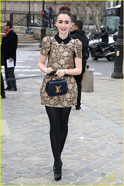 Lily collins louis vuitton, Lily Collins: Fashion show,  Fashion week,  Louis Vuitton,  Lily Collins,  Outfit With Stocking  