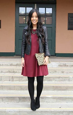 Style to choose dressy casual, Casual wear: Leather jacket,  Christmas Day,  Business casual,  Black Leggings  