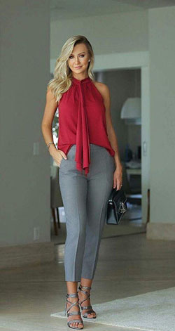 Red top and grey pants: Smart casual,  Business casual,  Business Casual Shoes  