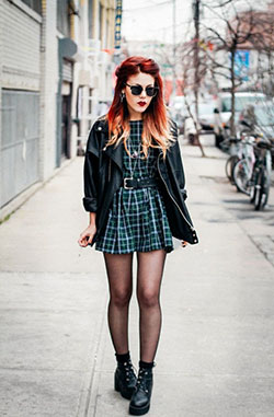 Plaid dress leather jacket, Leather jacket: Leather jacket,  Grunge fashion,  Jeffrey Campbell,  Punk Style  