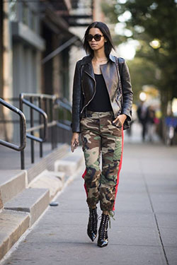 Camo Pants Outfit, Three quarter pants, Escada Embellished Jeans: Leather jacket,  Slim-Fit Pants,  Camo Pants,  Camo Joggers,  Printed Pants  