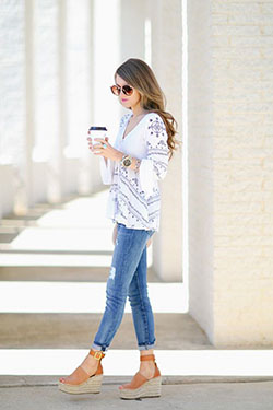 Blue Denim with V-Neck White Embroidered Top Outfit for Summer 2022, Blue Jeans Outfits: blue jeans outfit,  High-Heeled Shoe,  Eleven Paris  