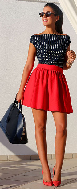 Polka dot top with red skirt: Sleeveless shirt,  High-Heeled Shoe,  Skater Skirt,  Skirt Outfits,  Casual Outfits  