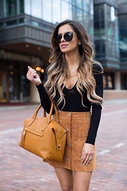 Suede mini skirt outfit, Denim skirt: Denim skirt,  Casual Outfits,  Brown Outfit,  Mini Skirt  