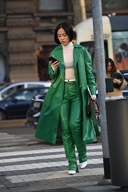 Outfits With Green Pants, Trench coat, Bell sleeve: Trench coat,  Street Style,  Green Pant Outfits  