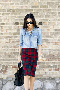 Denim shirt plaid skirt, Pencil skirt: Jean jacket,  Pencil skirt,  Denim jacket  