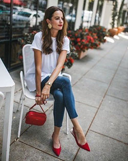 Asian style fashion red bag outfit, Casual wear: High-Heeled Shoe,  shirts,  Red Shoes Outfits  