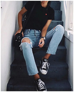 School Outfits Ideas, Chuck Taylor All-Stars, Levi Strauss & Co.: School Outfit,  Ripped Jeans,  Slim-Fit Pants,  Plimsoll shoe  