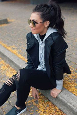 Outfits for new mexico, Leather jacket: winter outfits,  Leather jacket,  Slim-Fit Pants,  Tomboy Outfit  