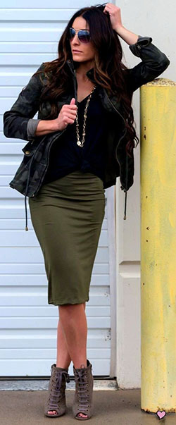H&m green pencil skirt: Pencil skirt,  Military Jacket Outfits  
