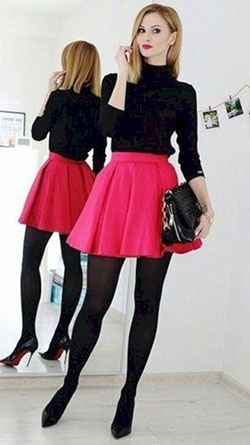 Pink skirt with black tights: Crop top,  High-Heeled Shoe,  Polo neck,  Skater Skirt,  Tights outfit  