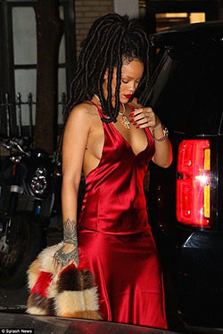 Rihanna red dress dreads, DÃ©colletage: Slip dress,  Wardrobe malfunction,  Red Lipstick,  Rihanna Style,  Red Dress  