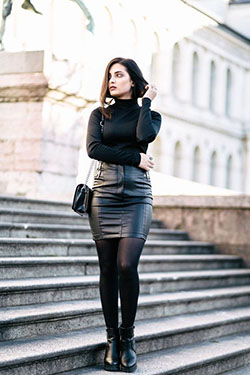 Brunette in leather skirt, Pencil skirt: Polo neck,  Pencil skirt,  Leather skirt,  Artificial leather,  Leather clothing,  Black Dress Outfits  