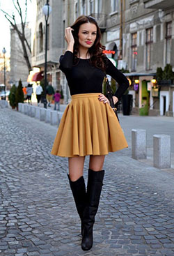Pleated mini skirt and boots: Over-The-Knee Boot,  Boot Outfits,  Skirt Outfits,  Cashmere wool,  Board Skirt,  Mini Skirt  