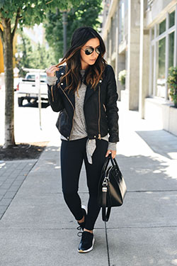 Outfits With Yoga Pants, Leather jacket, Casual wear: Slim-Fit Pants,  Yoga Outfits,  Black Leather Jacket  