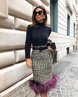 Outfits With Tweed Wrap Skirts, Pencil skirt, Polo neck: Polo neck,  Pencil skirt,  Skirt Outfits,  Floral Midi  