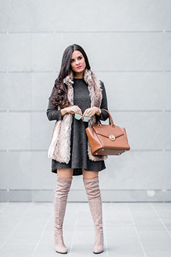 Vestido con botas y chaleco: High-Heeled Shoe,  Boot Outfits,  Over-The-Knee Boot,  Birthday outfits,  Franco Sarto  