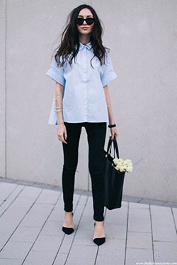 Light blue blouse outfit, Slim-fit pants: black pants,  Slim-Fit Pants,  shirts,  College Outfit Ideas,  Street Style,  Casual Outfits  