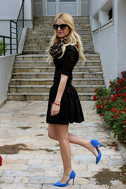 Black dress blue shoes, Dress shoe: High-Heeled Shoe,  shirts,  Ballet flat,  Dress shoe,  Black Dress Outfits,  black dress  