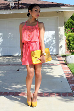 Pink outfit and yellow shoes: Cocktail Dresses,  High-Heeled Shoe,  Fashion accessory,  Yellow Shoes  