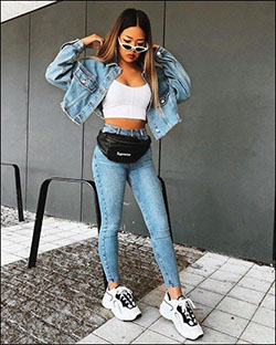 Summer Street Style Denim Jacket Outfit: Ripped Jeans,  Crop top,  Jean jacket,  Slim-Fit Pants,  Denim jacket,  Denim Jacket with Crop Top  