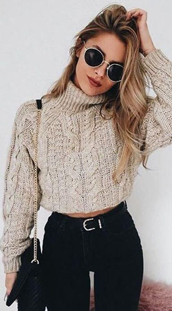 Cable knit cropped sweater, Crop top: Crop top,  Polo neck,  Casual Outfits,  Sweaters Outfit,  Cropped Sweater,  Turtleneck Sweater Outfits,  sweater  