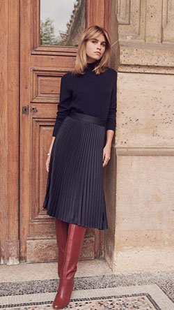 Pleated skirt with sweater, Polo neck: Crew neck,  Polo neck,  Boot Outfits,  Skirt Outfits,  Street Style,  Pleated Skirt  