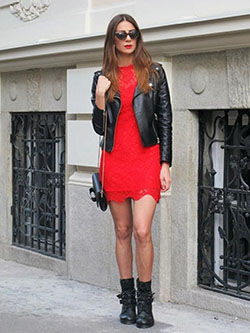 Red dress leather jacket: Leather jacket,  Maxi dress  