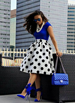 Black and white polka dot skirt outfit: Plus size outfit,  Vintage clothing,  Polka dot,  White Pumps,  Midi Skirt Outfit  