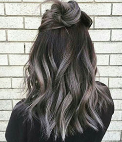 Grey purple hair balayage, Brown hair: Hair Color Ideas,  Hairstyle Ideas,  Brown hair,  Hair highlighting,  Black hair,  Bun Hairstyle  